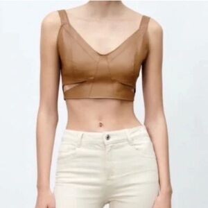 Zara Europe Faux Leather Cropped Cut Out Tank Top